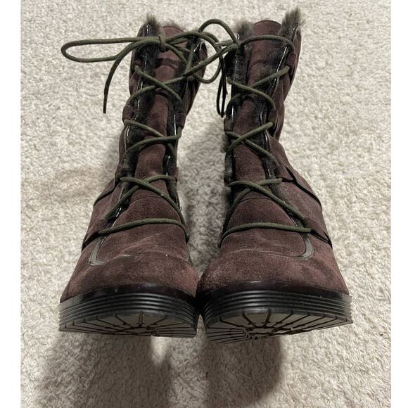 Calvin Klein Women's Size 7 1/2 Lace Up Dizzy Faux Fur Suede Heel Boots Brown - Picture 4 of 12